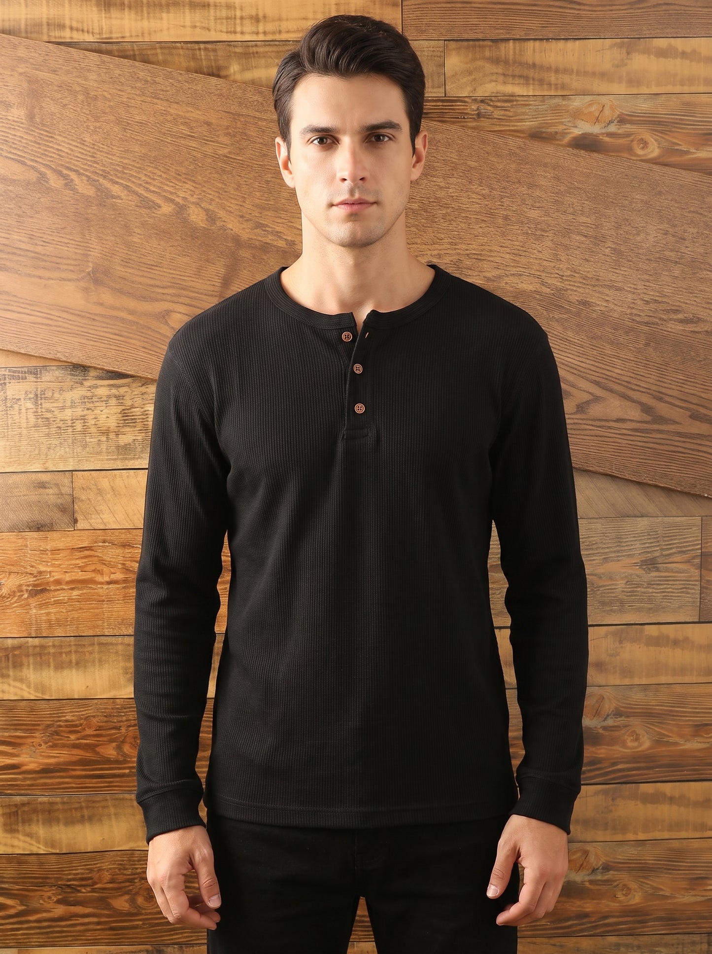 Men's Long Sleeve Henley Shirt with Button Placket and Round Neck