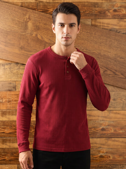 Men's Long Sleeve Henley Shirt with Button Placket and Round Neck