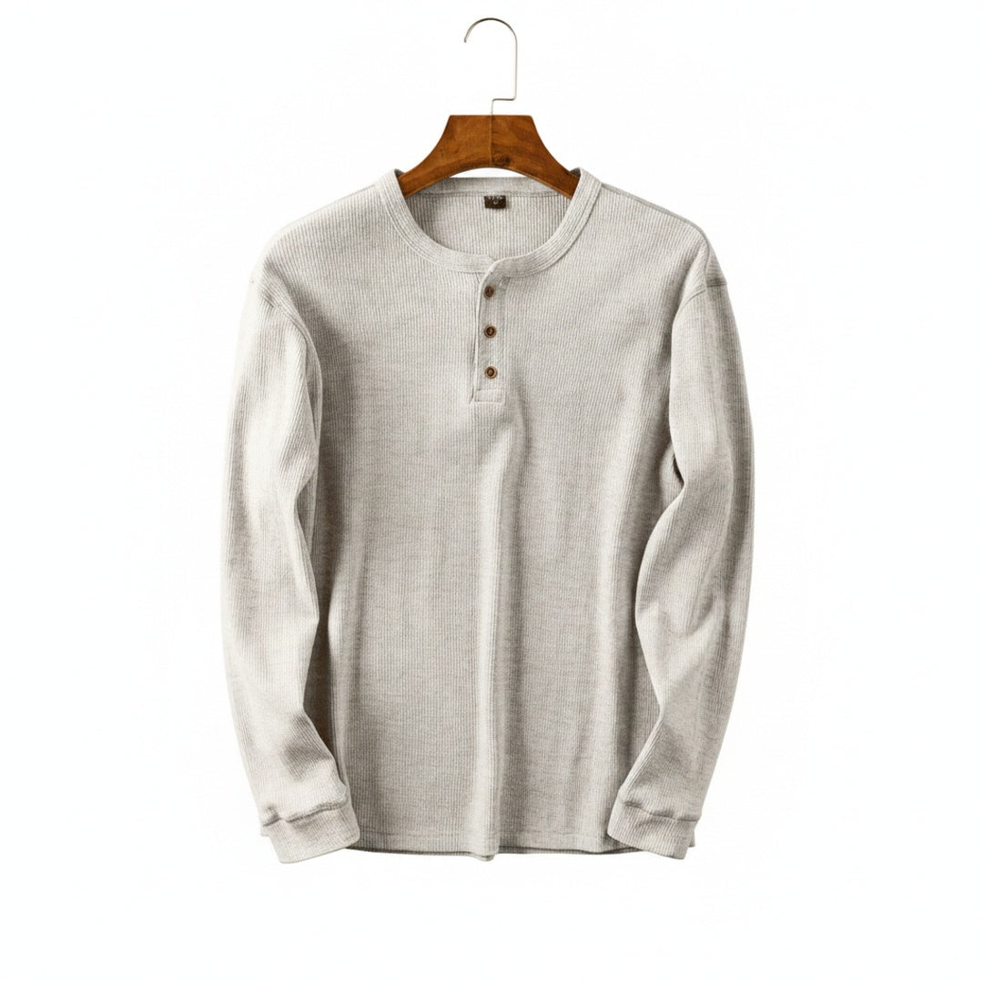 Men's Long Sleeve Henley Shirt with Button Placket and Round Neck