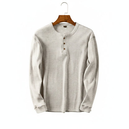 Men's Long Sleeve Henley Shirt with Button Placket and Round Neck