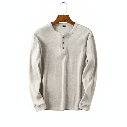 Men's Long Sleeve Henley Shirt with Button Placket and Round Neck