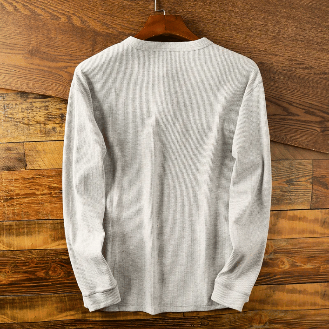 Men's Long Sleeve Henley Shirt with Button Placket and Round Neck