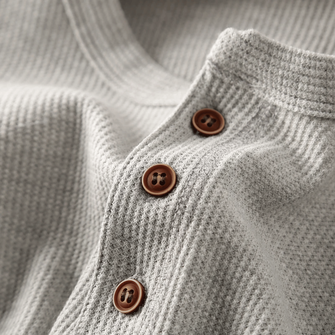 Men's Long Sleeve Henley Shirt with Button Placket and Round Neck