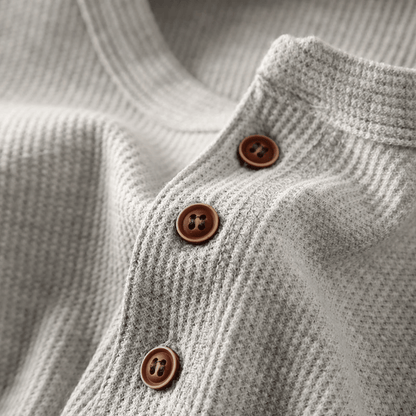 Men's Long Sleeve Henley Shirt with Button Placket and Round Neck