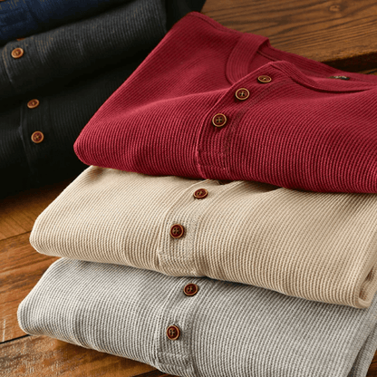 Men's Long Sleeve Henley Shirt with Button Placket and Round Neck