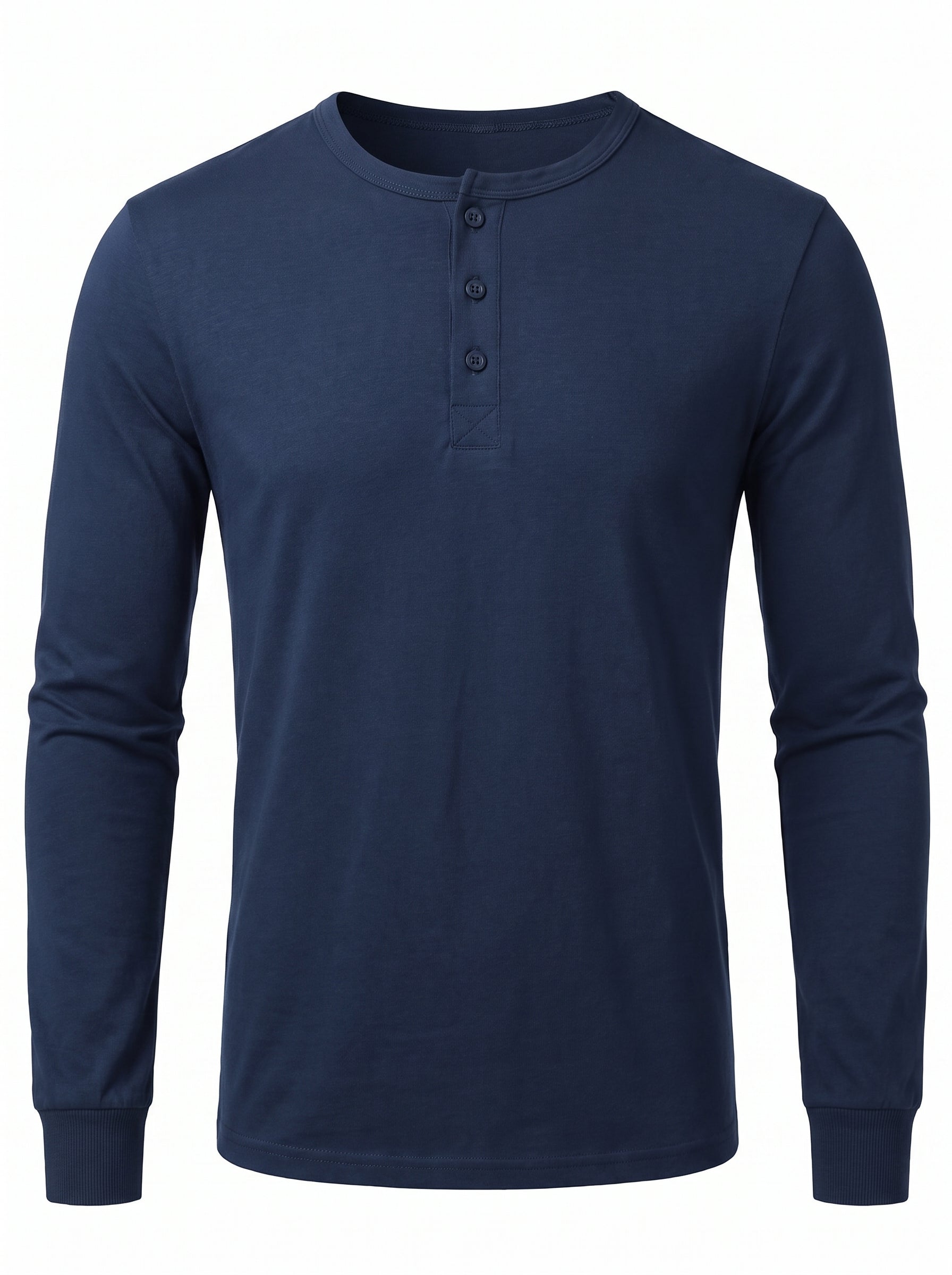 Men's Long Sleeve Henley Shirt with Button Placket and Round Neck