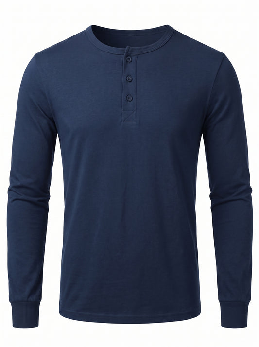 Men's Long Sleeve Henley Shirt with Button Placket and Round Neck