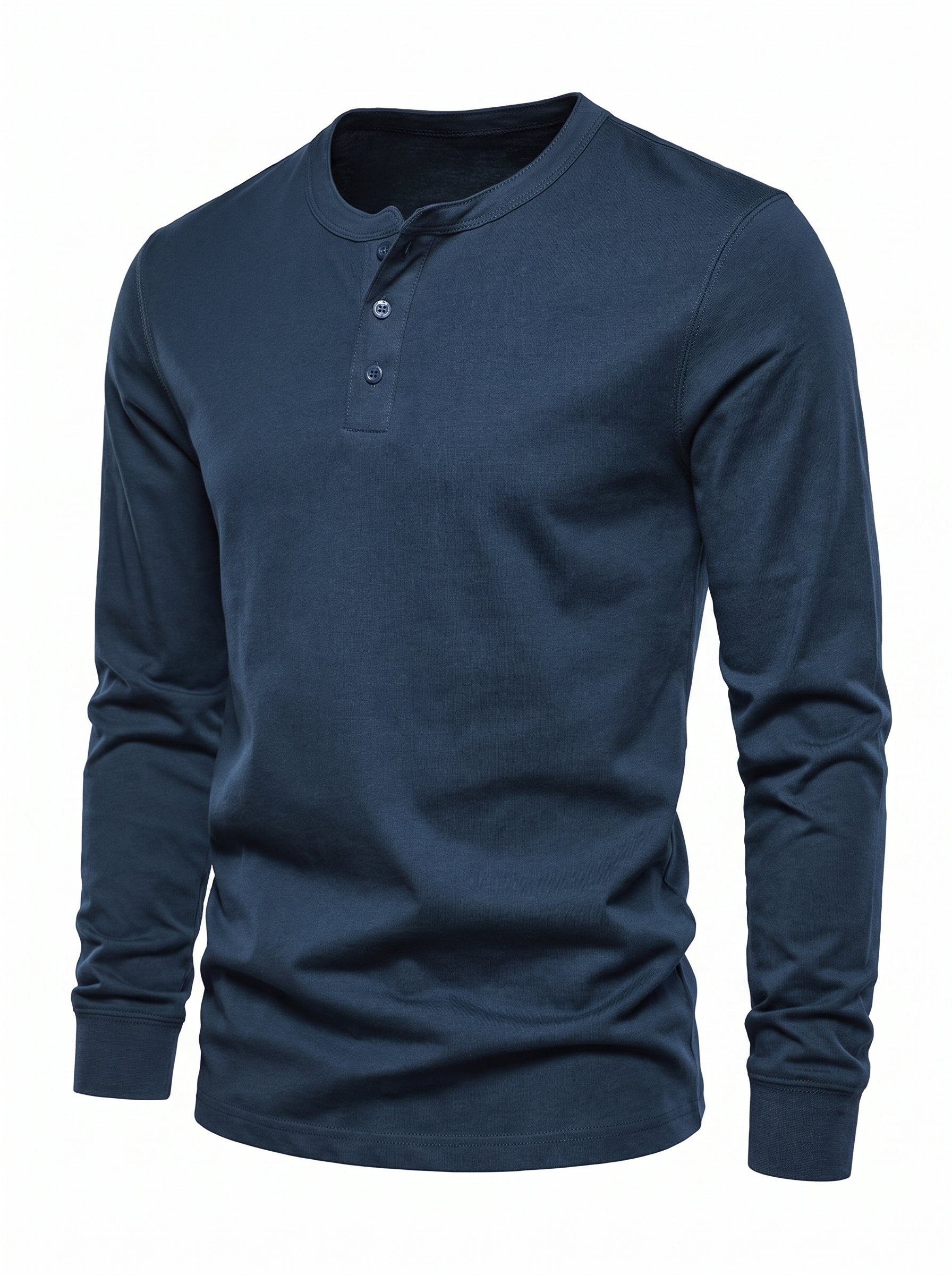 Men's Long Sleeve Henley Shirt with Button Placket and Round Neck