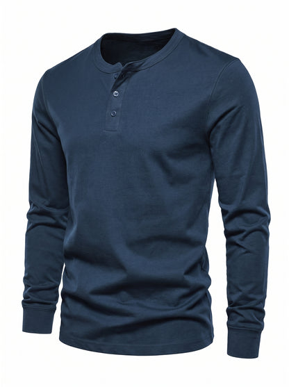 Men's Long Sleeve Henley Shirt with Button Placket and Round Neck