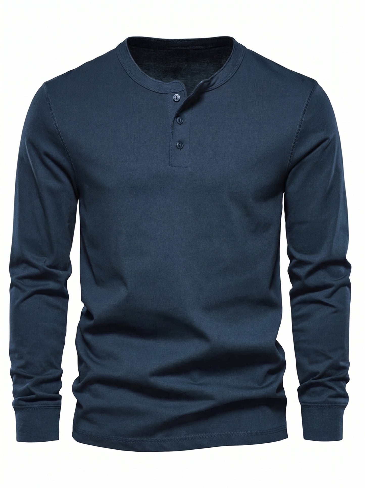 Men's Long Sleeve Henley Shirt with Button Placket and Round Neck