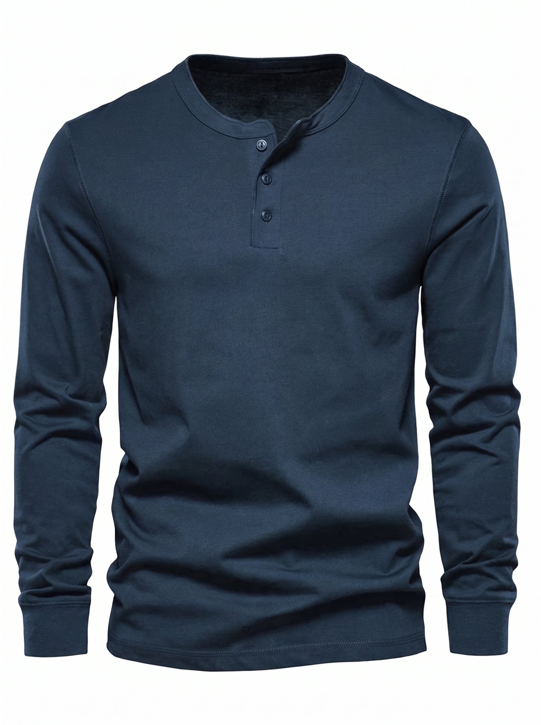 Men's Long Sleeve Henley Shirt with Button Placket and Round Neck