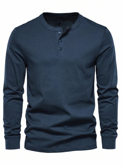 Men's Long Sleeve Henley Shirt with Button Placket and Round Neck