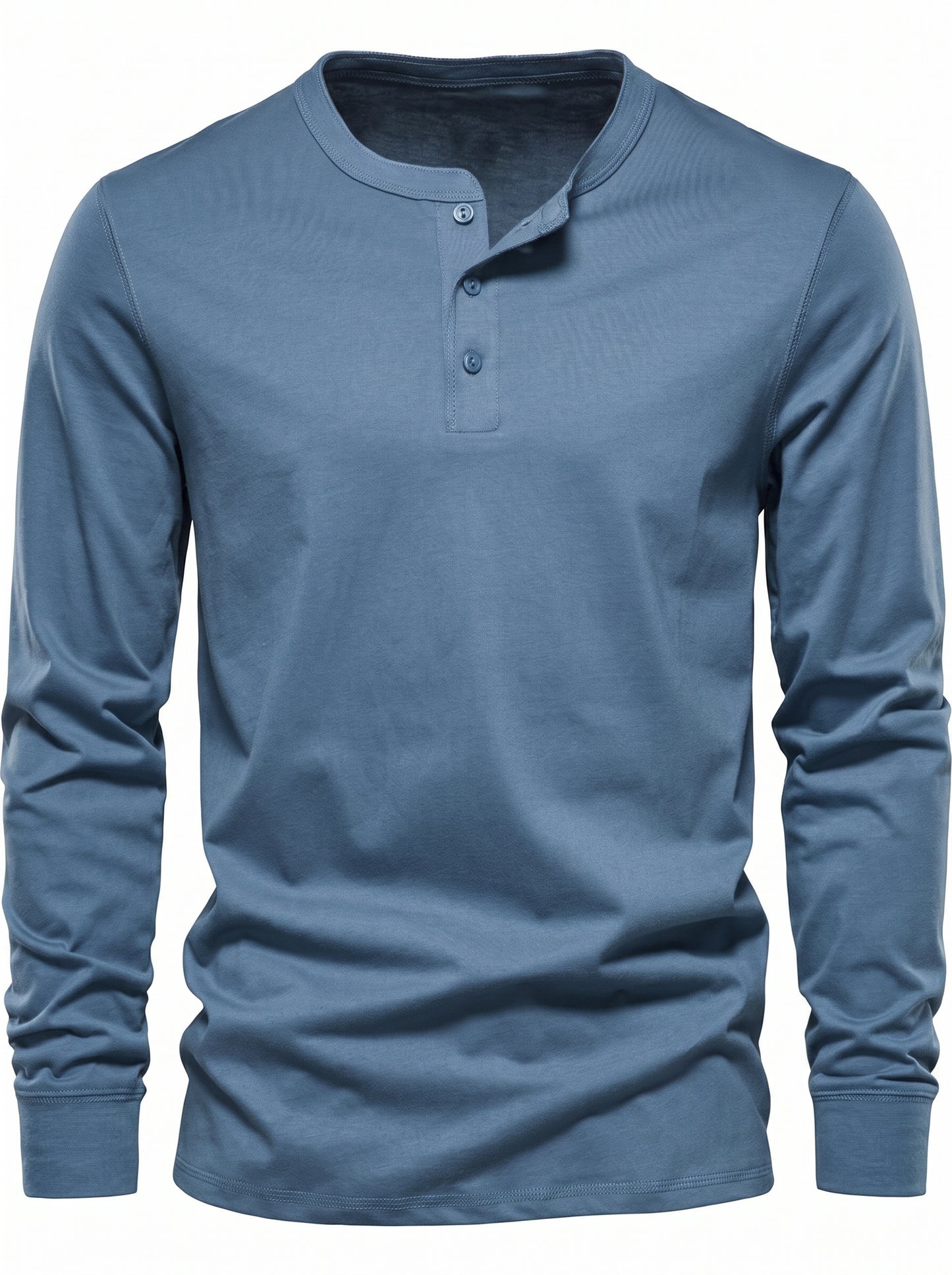 Men's Long Sleeve Henley Shirt with Button Placket and Round Neck