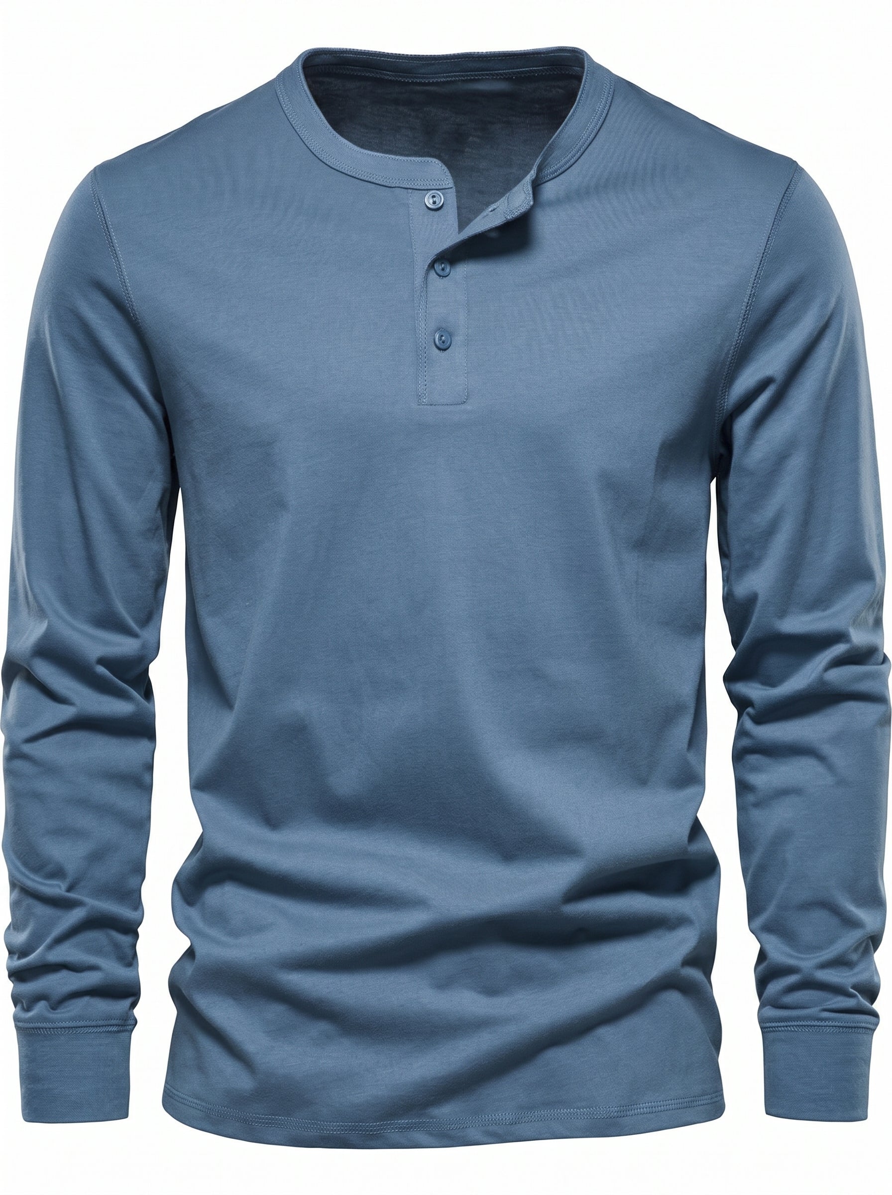 Men's Long Sleeve Henley Shirt with Button Placket and Round Neck
