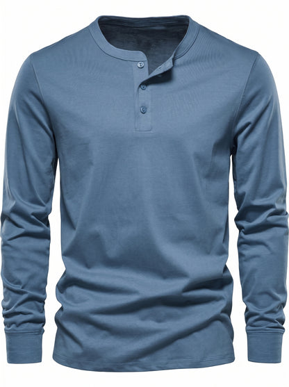 Men's Long Sleeve Henley Shirt with Button Placket and Round Neck