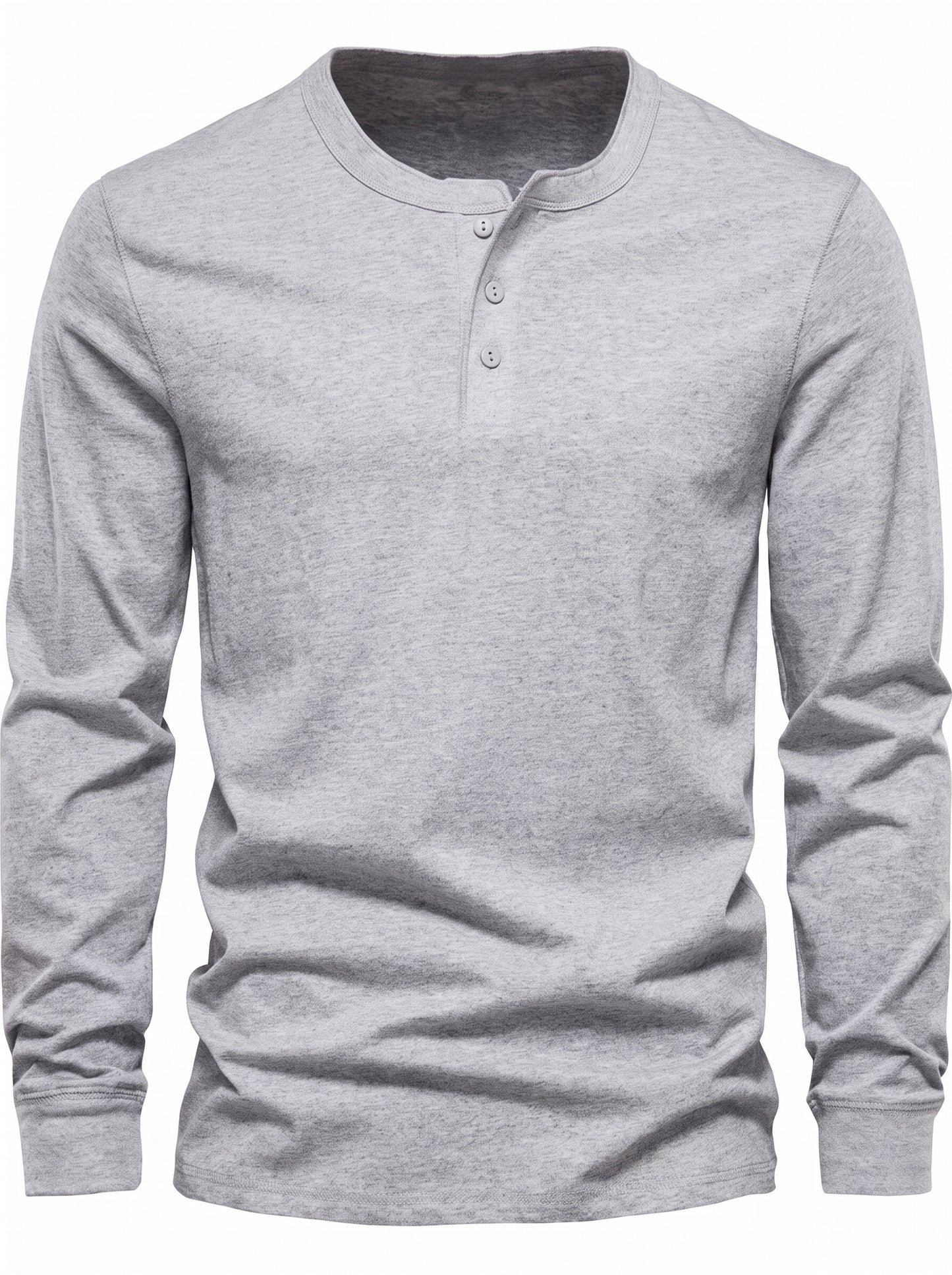 Men's Long Sleeve Henley Shirt with Button Placket and Round Neck