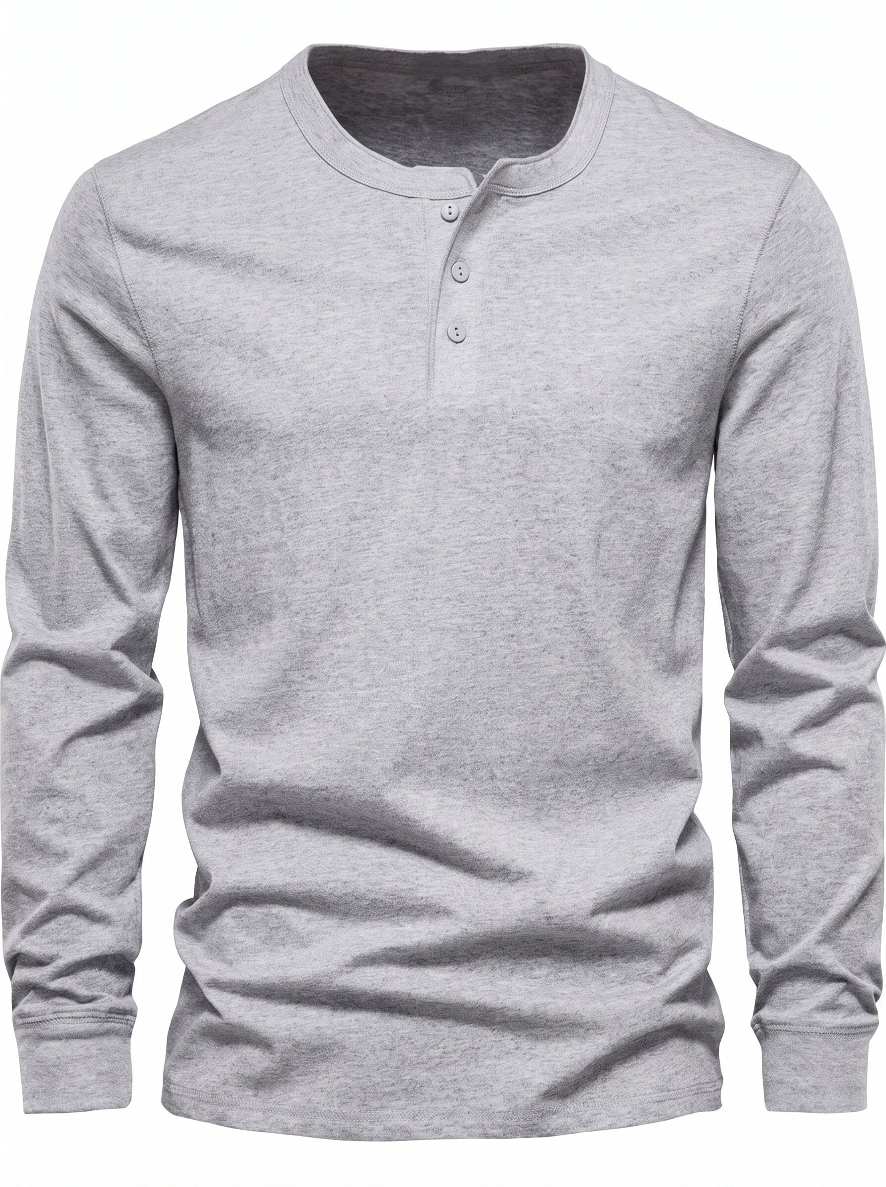 Men's Long Sleeve Henley Shirt with Button Placket and Round Neck