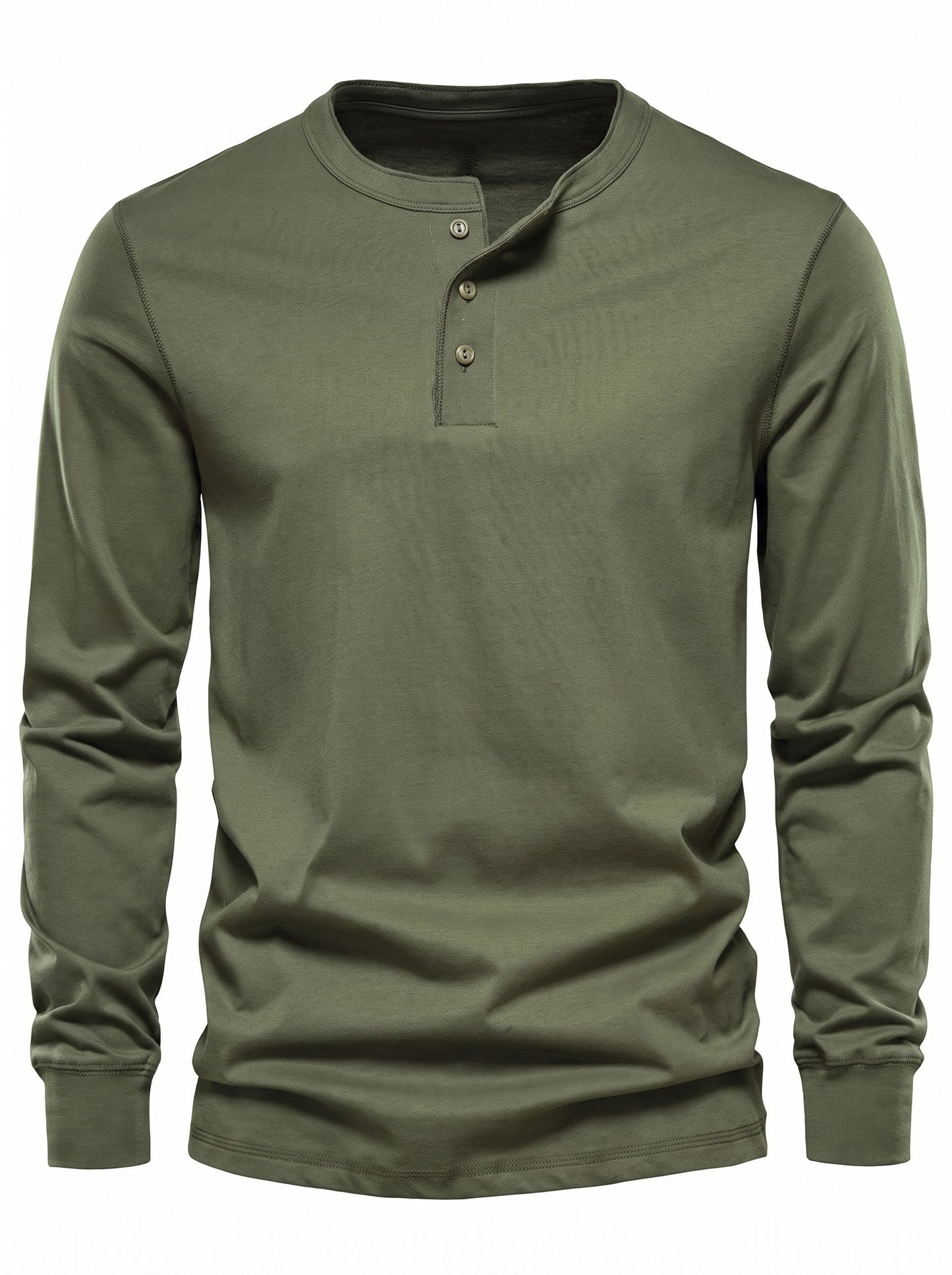 Men's Long Sleeve Henley Shirt with Button Placket and Round Neck