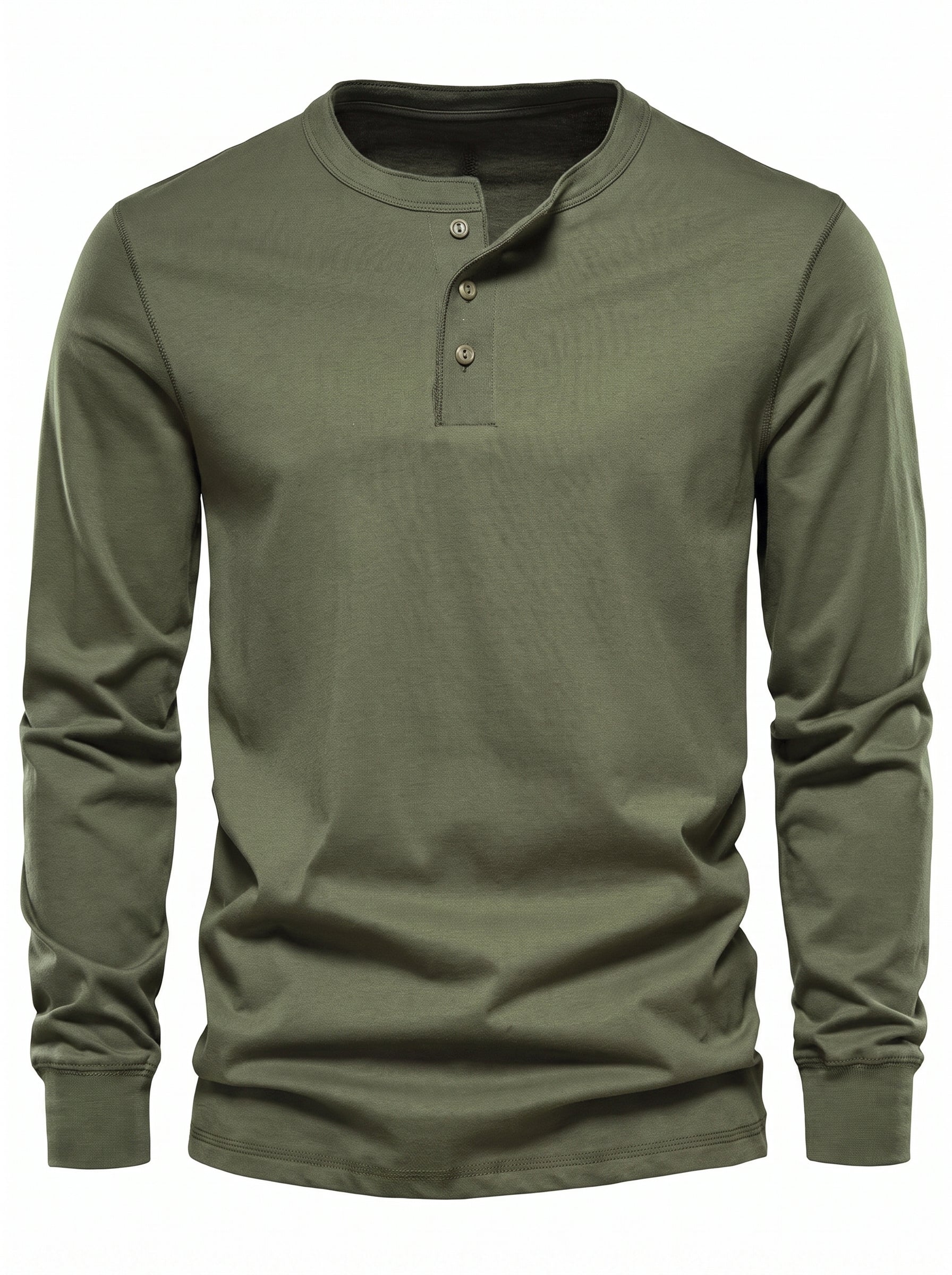 Men's Long Sleeve Henley Shirt with Button Placket and Round Neck