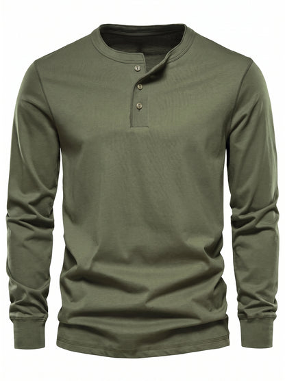 Men's Long Sleeve Henley Shirt with Button Placket and Round Neck
