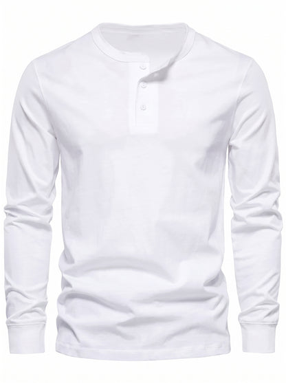 Men's Long Sleeve Henley Shirt with Button Placket and Round Neck