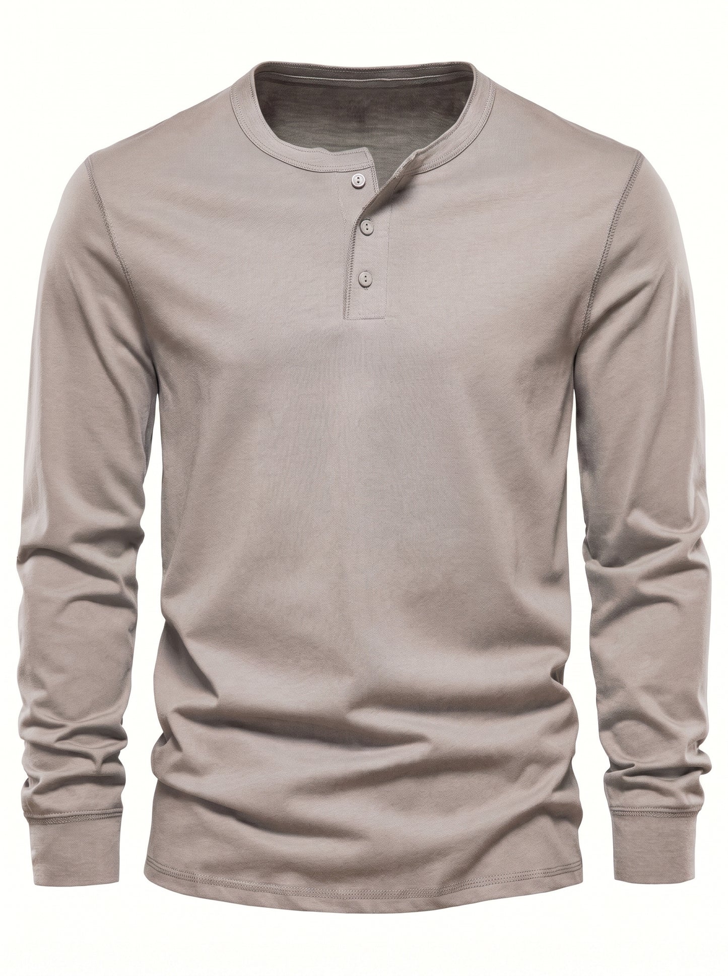 Men's Long Sleeve Henley Shirt with Button Placket and Round Neck