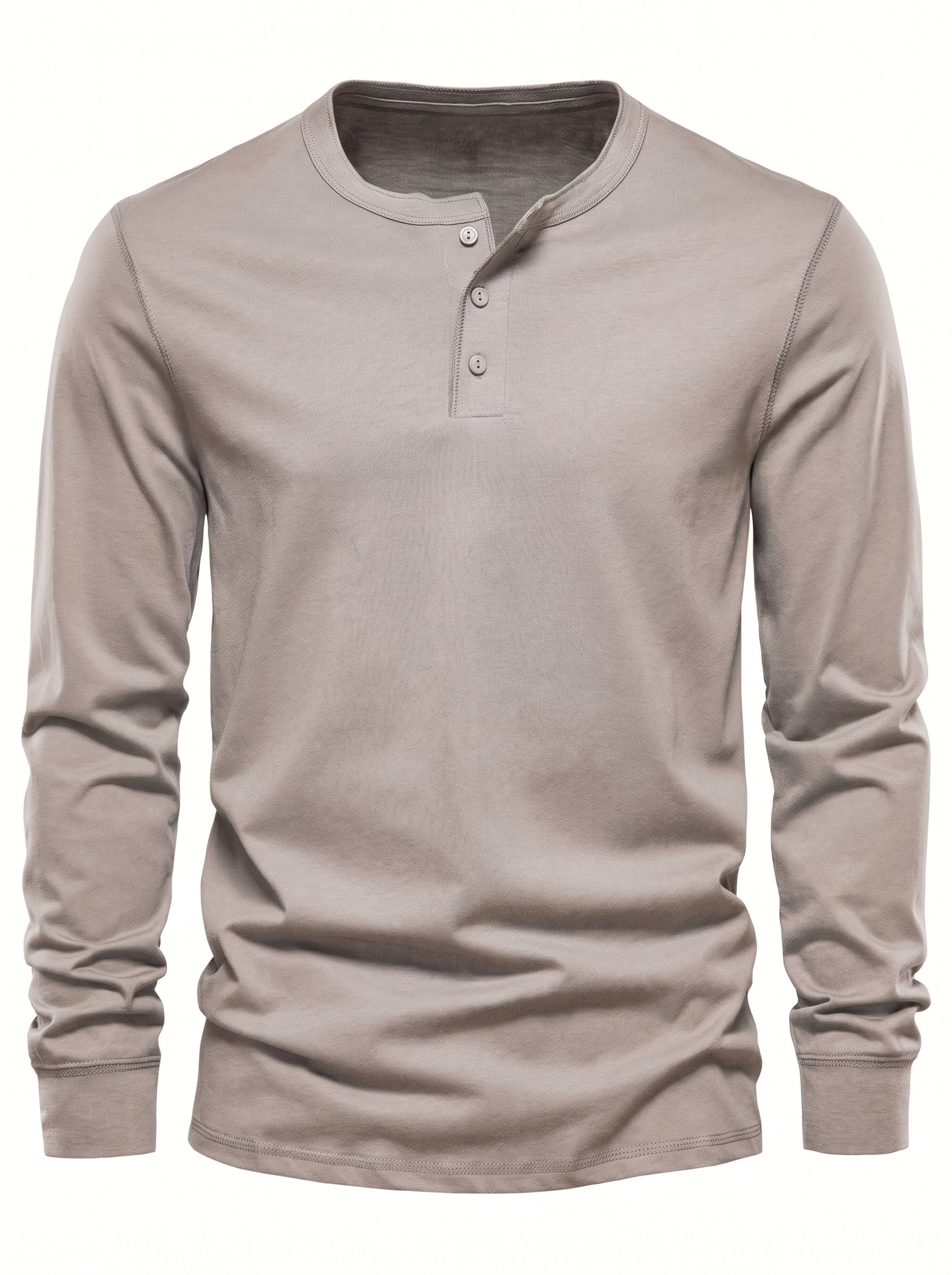 Men's Long Sleeve Henley Shirt with Button Placket and Round Neck