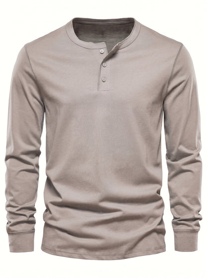 Men's Long Sleeve Henley Shirt with Button Placket and Round Neck