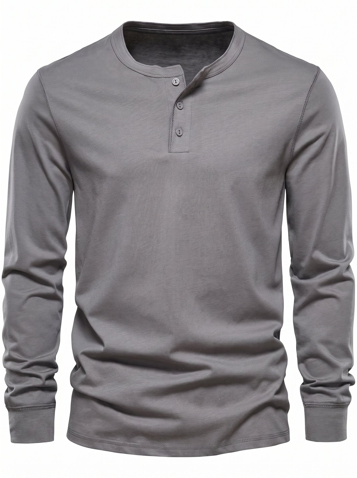 Men's Long Sleeve Henley Shirt with Button Placket and Round Neck