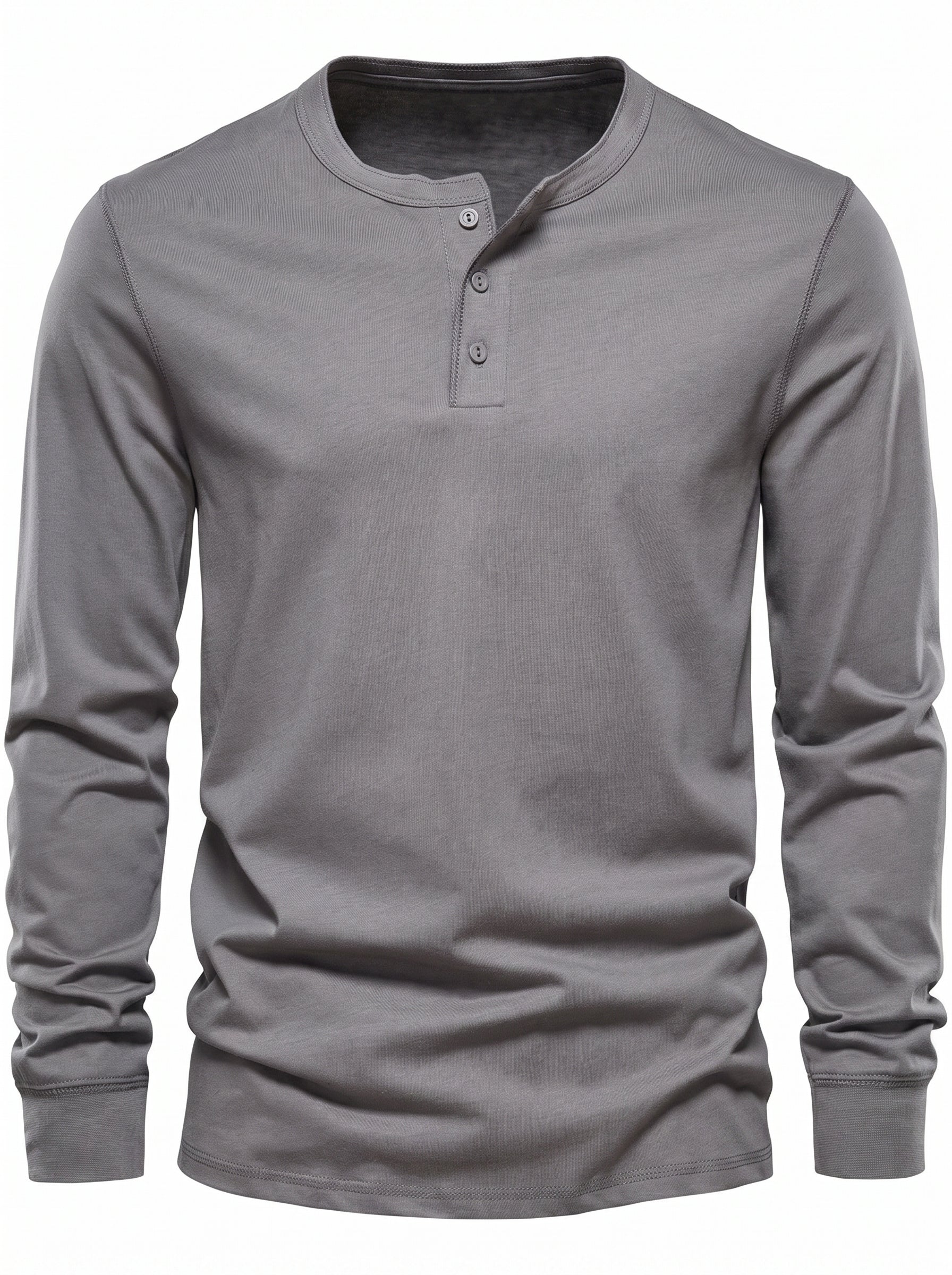 Men's Long Sleeve Henley Shirt with Button Placket and Round Neck