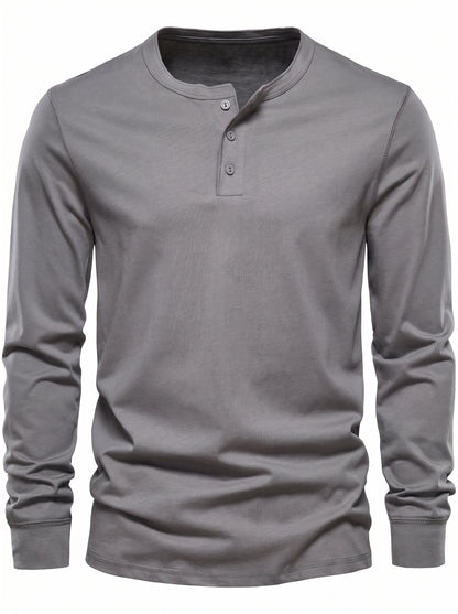 Men's Long Sleeve Henley Shirt with Button Placket and Round Neck
