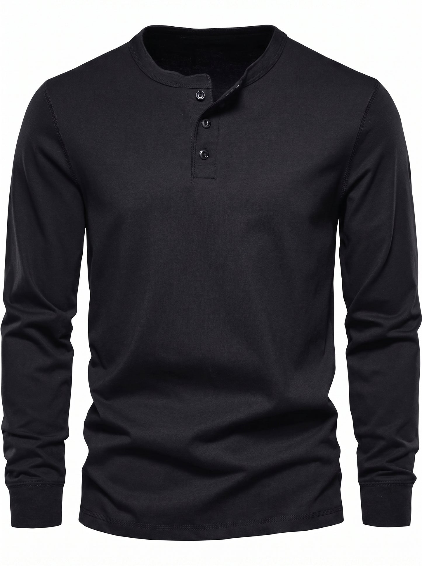 Men's Long Sleeve Henley Shirt with Button Placket and Round Neck