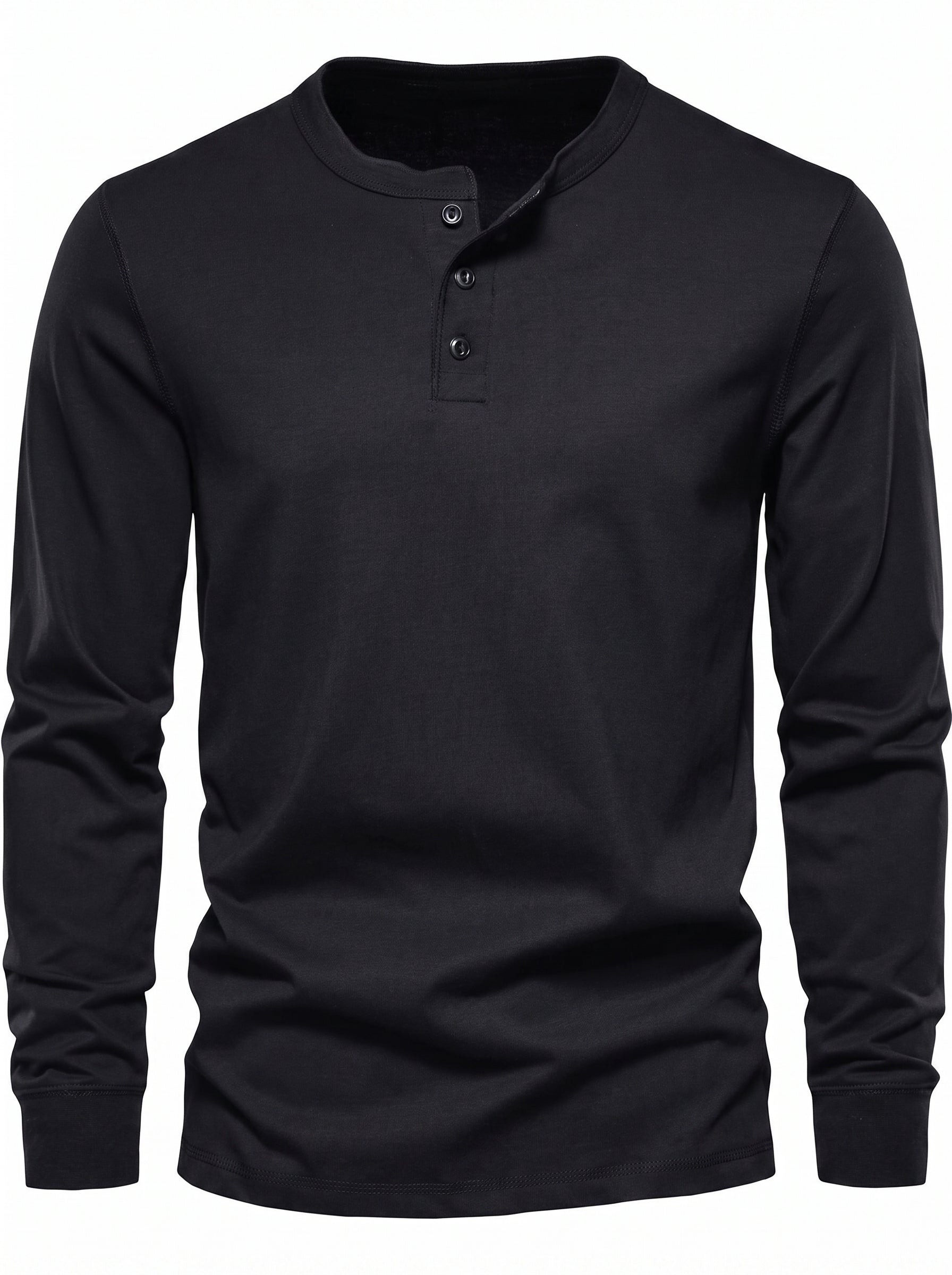 Men's Long Sleeve Henley Shirt with Button Placket and Round Neck