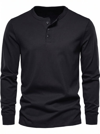 Men's Long Sleeve Henley Shirt with Button Placket and Round Neck