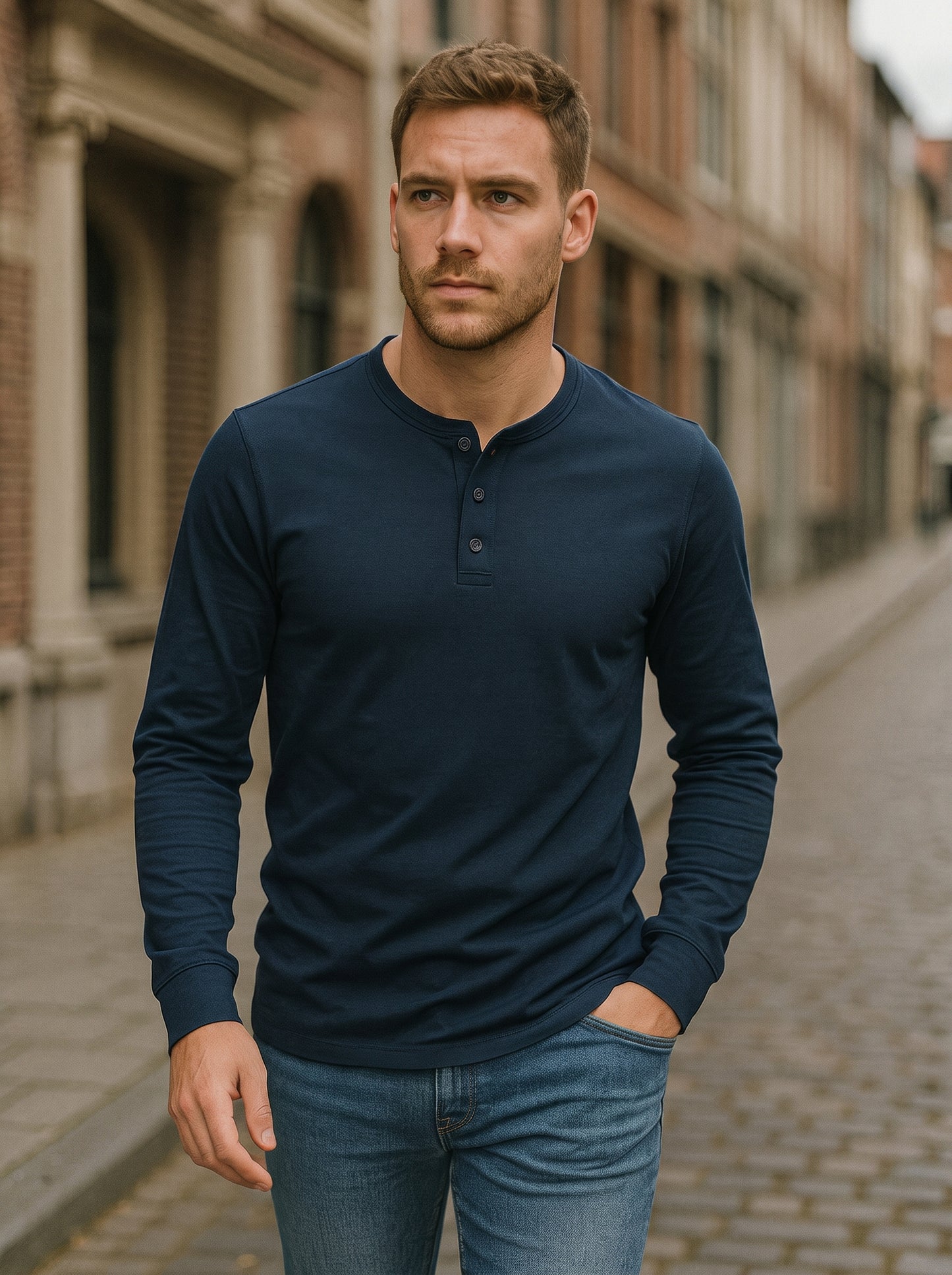 Men's Long Sleeve Henley Shirt with Button Placket and Round Neck