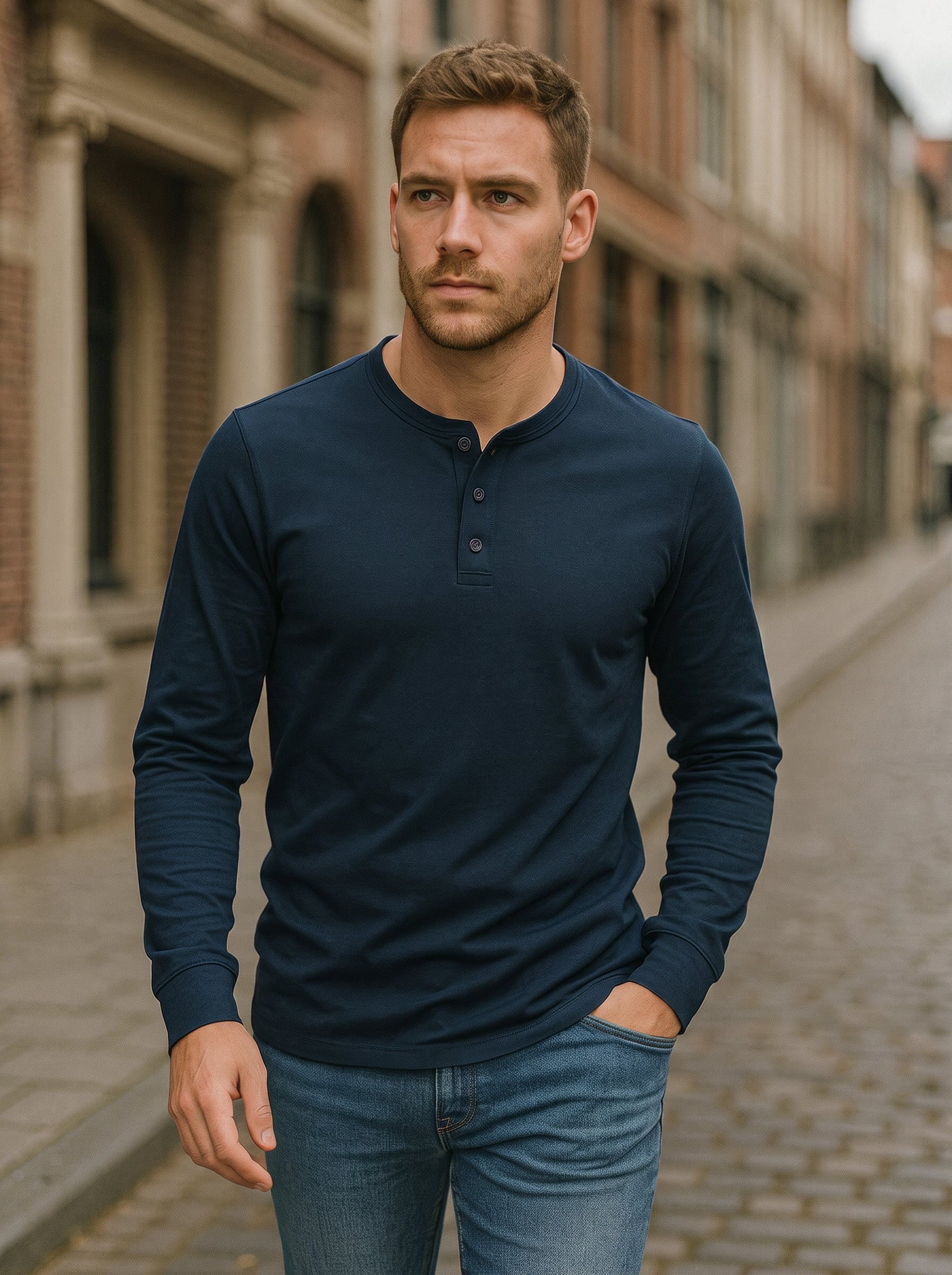 Men's Long Sleeve Henley Shirt with Button Placket and Round Neck