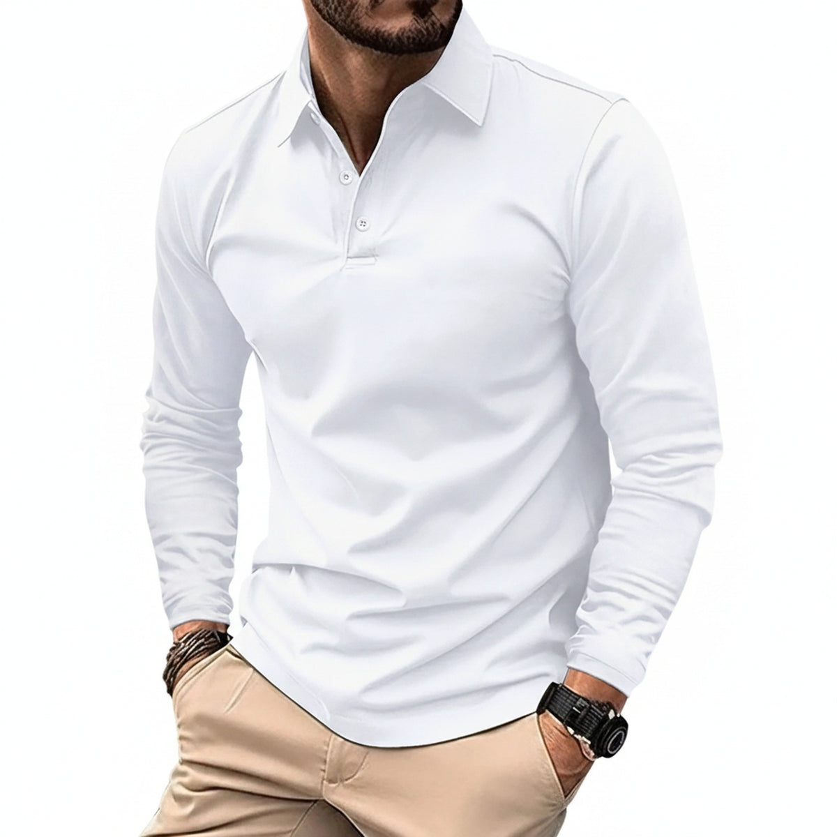 Men's Long Sleeve Polo Shirt Slim Fit with Button Collar