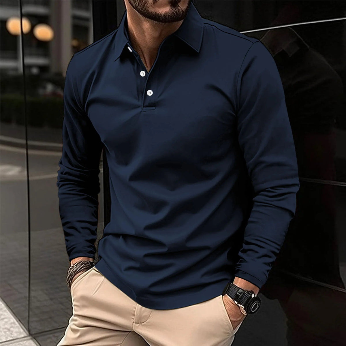 Men's Long Sleeve Polo Shirt Slim Fit with Button Collar