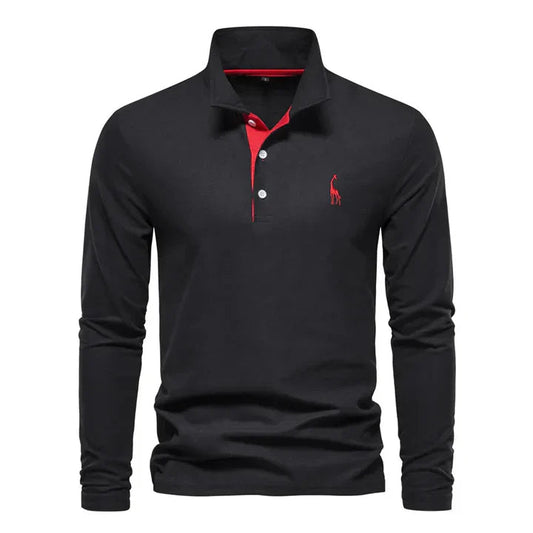 Men's Long Sleeve Polo Shirt with Classic Collar and Giraffe Embroidery