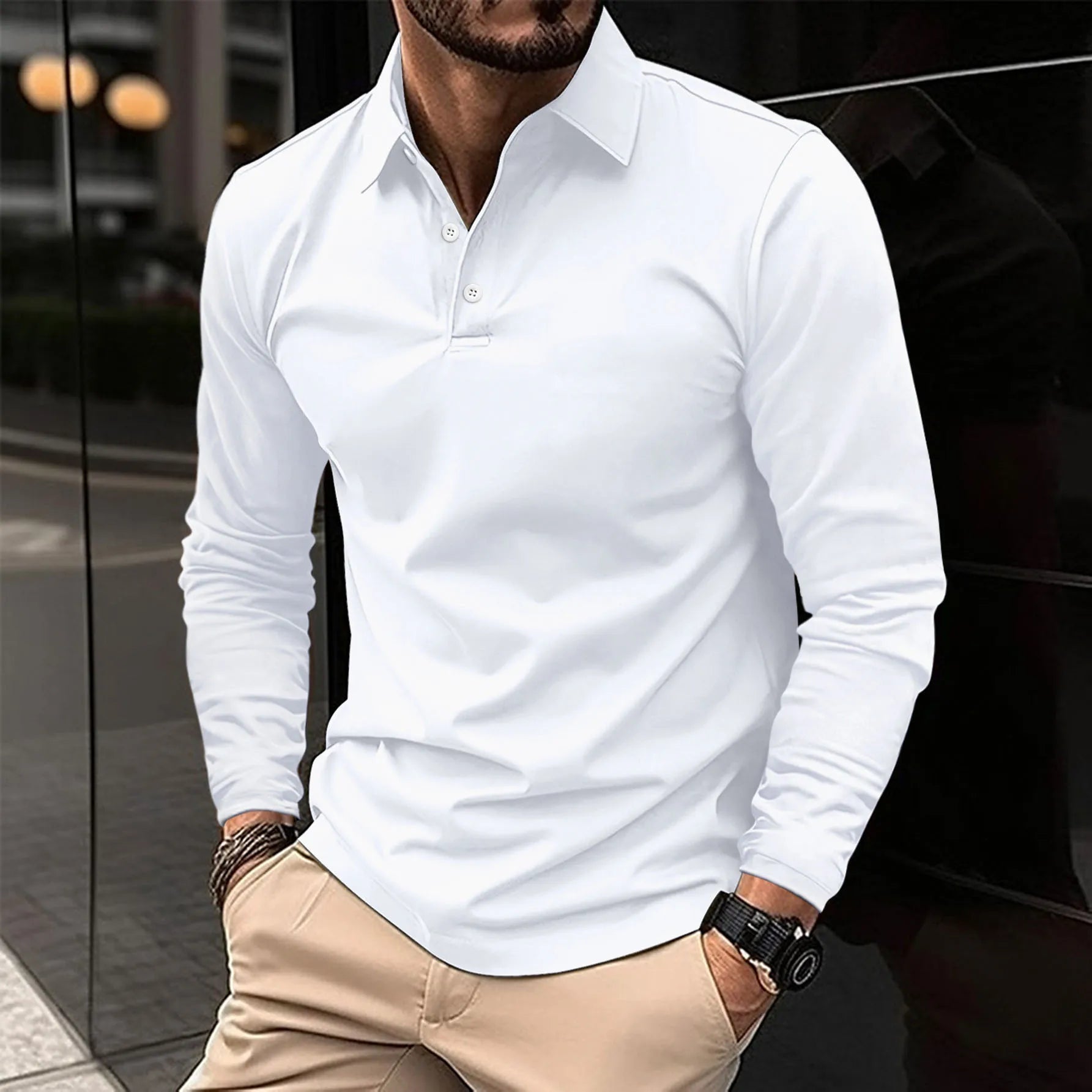 Men's Long Sleeve Polo Shirt with Classic Collar and Slim Fit