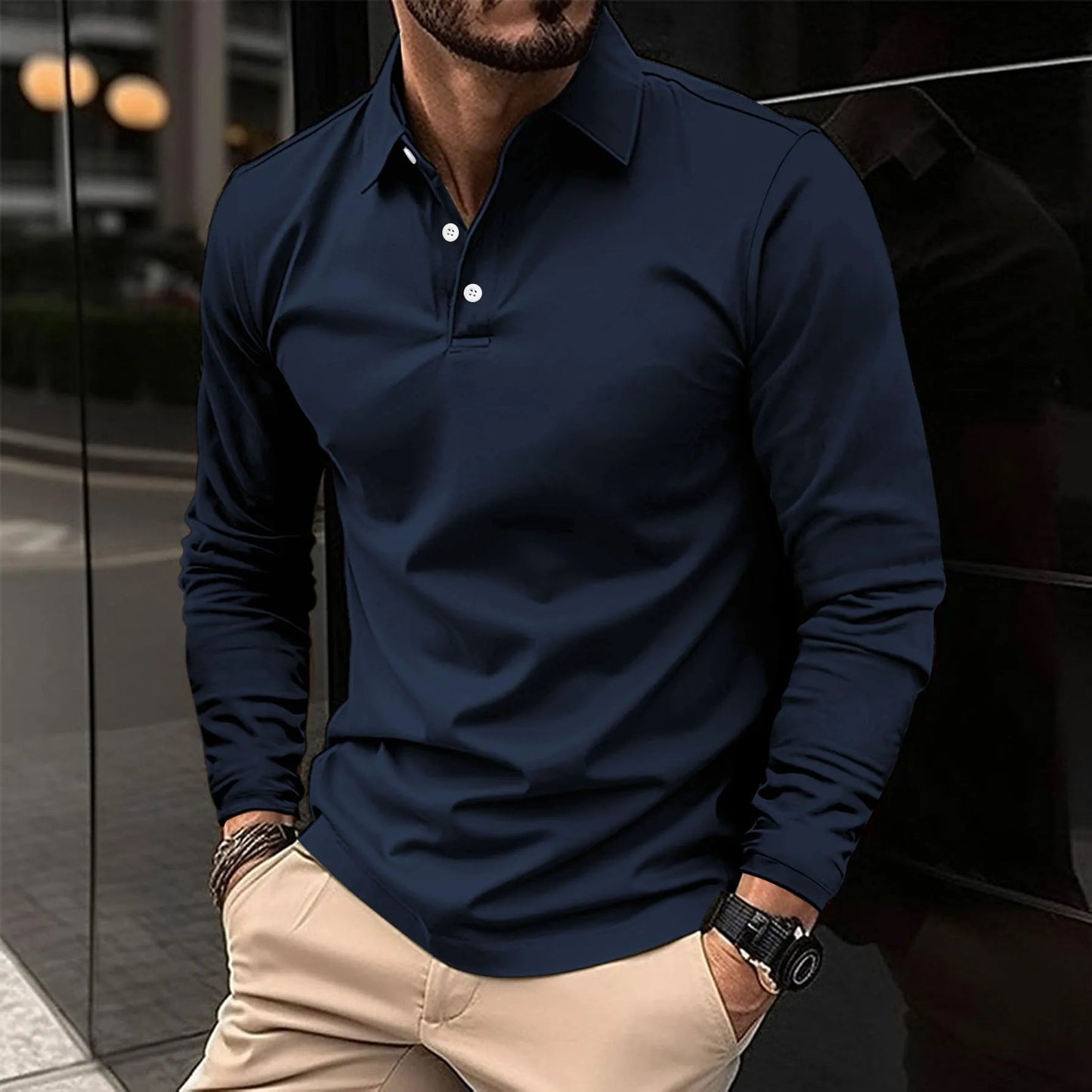Men's Long Sleeve Polo Shirt with Classic Collar and Slim Fit