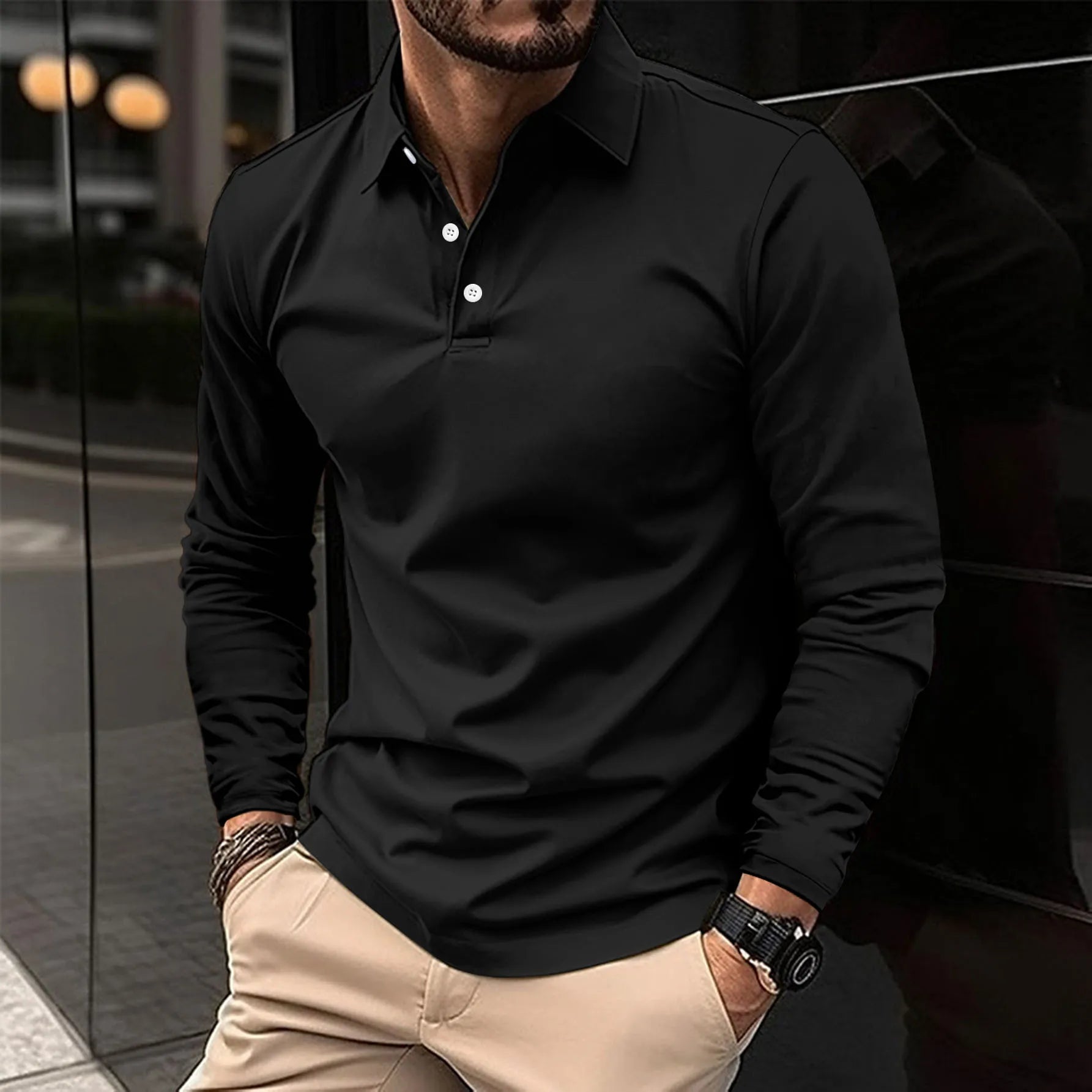 Men's Long Sleeve Polo Shirt with Classic Collar and Slim Fit