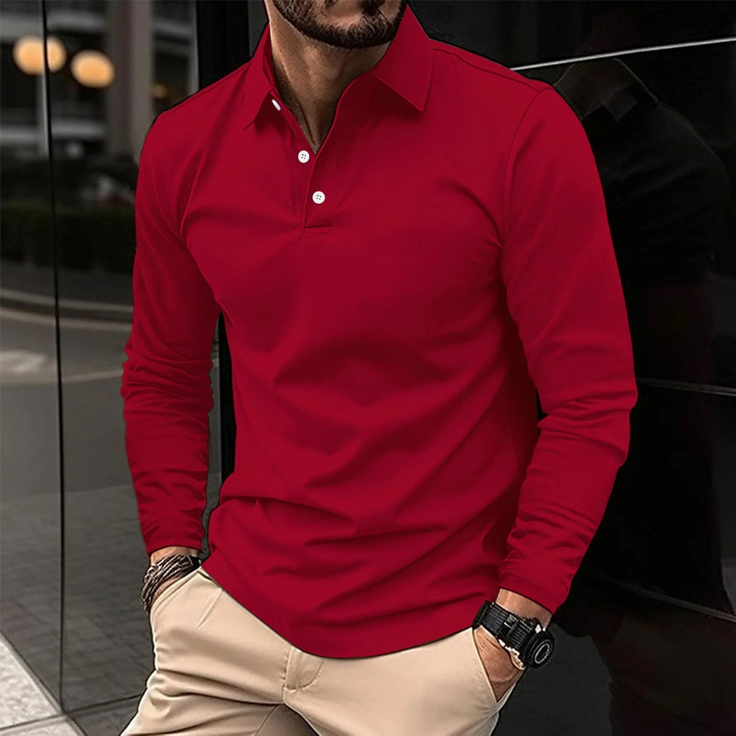Men's Long Sleeve Polo Shirt with Classic Collar and Slim Fit