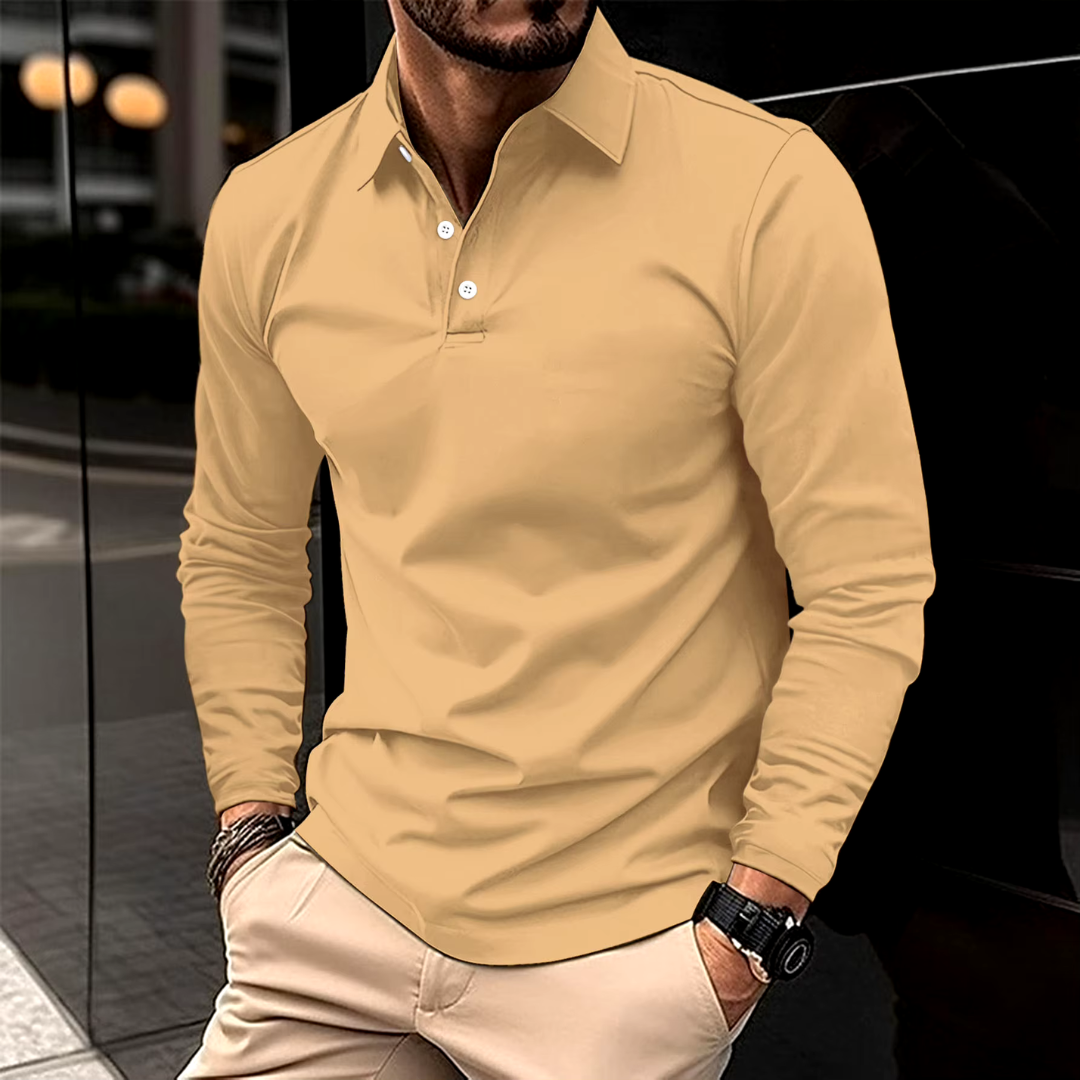 Men's Long Sleeve Polo Shirt with Classic Collar and Slim Fit