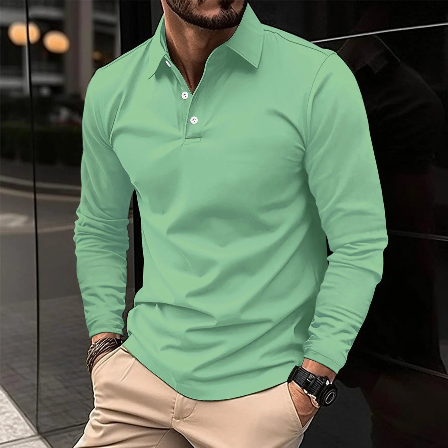 Men's Long Sleeve Polo Shirt with Classic Collar and Slim Fit