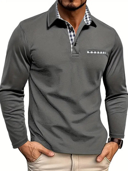 Men's Long Sleeve Polo Shirt with Plaid Collar and Chest Pocket