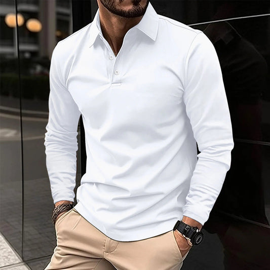 Men's Long Sleeve Polo Shirt with Spread Collar and Slim Fit