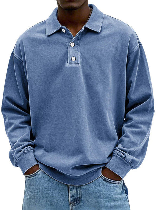 Men's Long Sleeve Polo Sweatshirt with Collar and Button Placket Oversized Fit