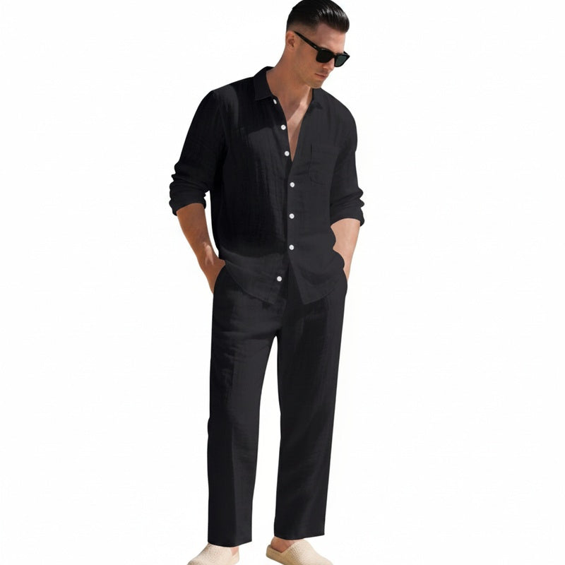 Men's Long Sleeve Shirt and Trouser Set with Button-Down Collar