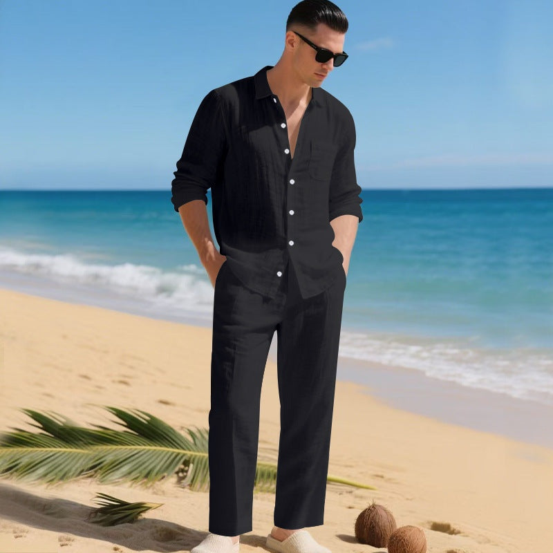 Men's Long Sleeve Shirt and Trouser Set with Button-Down Collar